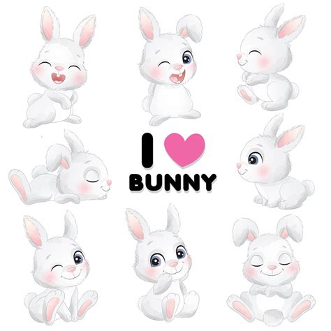 Cute Little Bunny Poses Clipart With Watercolor Illustration Instant