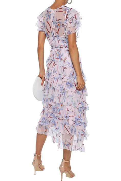 Zimmermann Corsage Flutter Tiered Floral Print Silk Chiffon Midi Dress