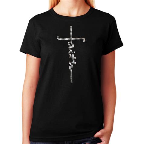 Womens Unisex T Shirt With Faith Script Cross In Rhinestones