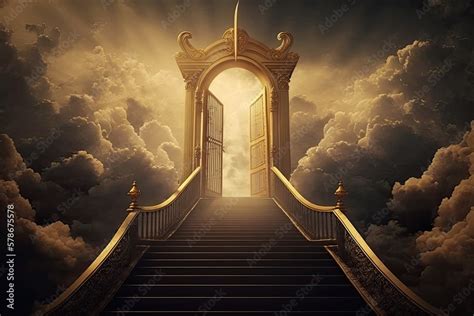 You Can Reach The Pearly Gates Of Heaven By Ascending A Golden Stairway In The Sky Concept Of