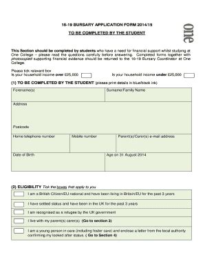 Fillable Online Suffolkone Ac 16 19 BURSARY APPLICATION FORM 201415 TO