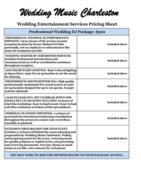 Fillable Online Wedding Entertainment Services Pricing Sheet Fax Email