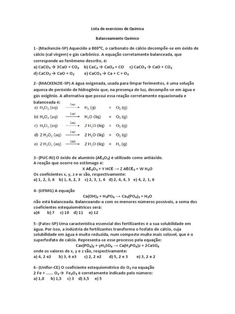 Lista de exercícios de balanceamento químico com soluções | PDF | Cálcio | Solubilidade