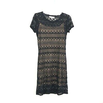 Trina Turk Black Nude Sheer Lace Shift Dress Size M Slip Stripe Short