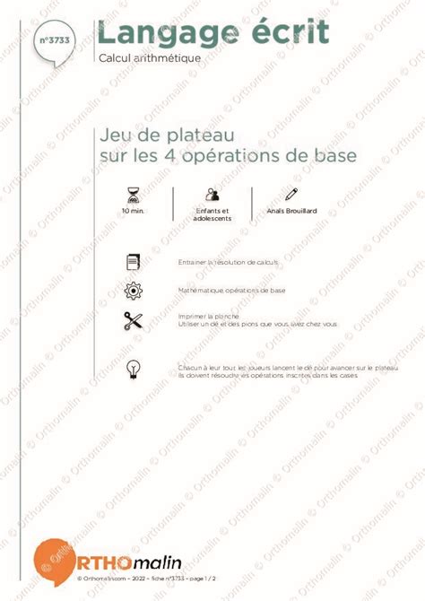 Ressource orthophonie Jeu de plateau sur les 4 opérations de base