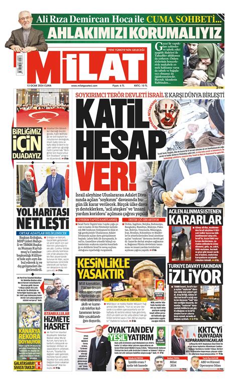 Milat Gazetesi 12 Ocak 2024 Cuma Günü Manşeti