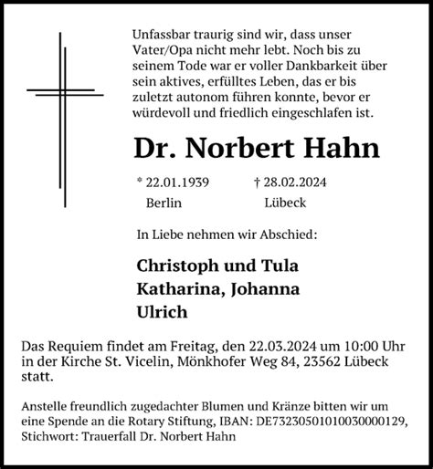 Traueranzeigen Von Norbert Hahn Trauer Anzeigen De