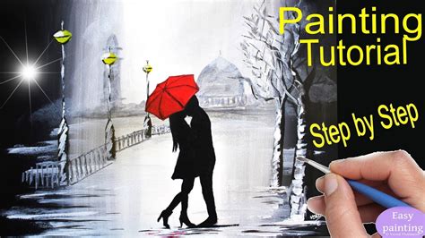 How To Paint Couple Kissing Red Umbrella Rainy Day Painting Tutorial Step By Step In Acrylic