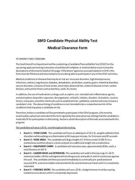 Fillable Online Sbfd Candidate Physical Ability Test Medical Clearance