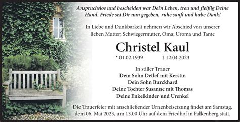 Traueranzeigen Von Christel Kaul M Rkische Onlinezeitung Trauerportal