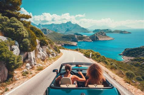Friends in Convertible on a Road Trip in Mountains and Sea View on the ...