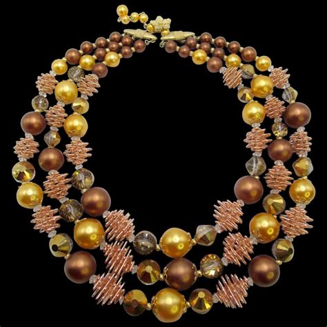 Vendome Three Strand Copper Bronze And Pearl Beaded Necklace Ruby Lane