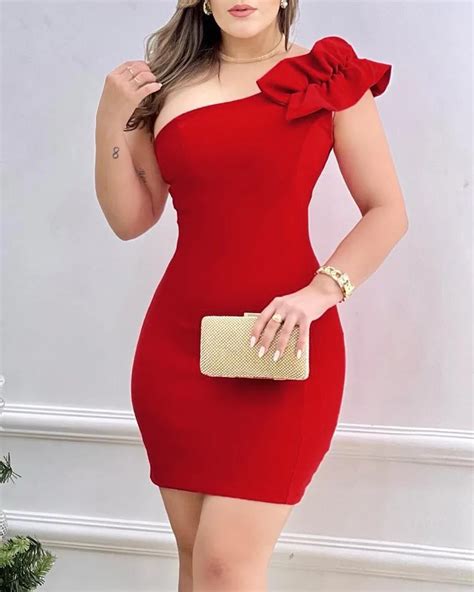 Elegant One Shoulder Ruffle Dress Free Shipping