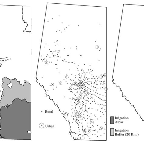 a-c. Maps of Alberta with ecological and municipal features a. Natural ...