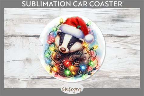 Christmas Badger Entangled In Lights Car Coaster Sublimation