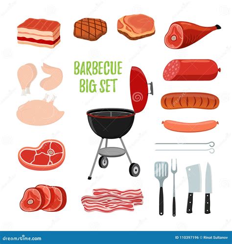 Vector Barbecue Set Different Meat Bbq Stand Cartoon Flat Style