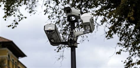 Security Cctv Cameras On A Lamp Post In The Park Stock Image Image Of