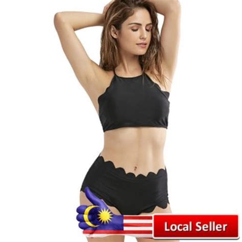 High Waisted Halter Scalloped Bikini Set Black Shopee Malaysia