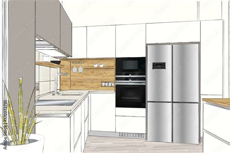 3D rendering. Modern kitchen design in light interior. Kitchen sketch ...