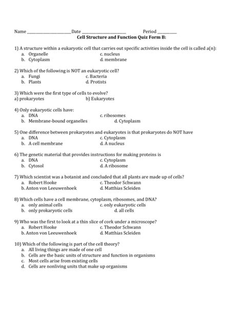 Name Date Period Cell Structure And Function Quiz Form B