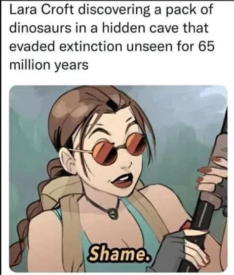 Lara Croft Discovering A Pack Of Dinosaurs In A Hidden Cave That Evaded