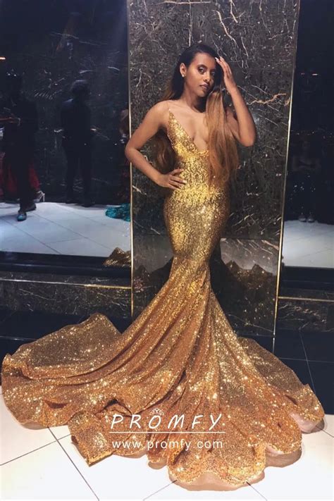 Gold Sequin Plunging V Neck Long Train Prom Dress Promfy