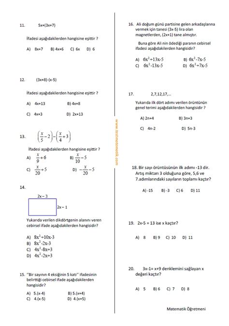 7 SINIF MATEMATİK 1 DÖNEM 2 YAZILI SINAVI Test Matematik