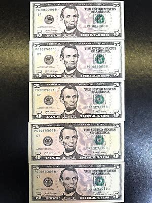 Lots Of New Uncirculated Five Dollar Bills Sequential Notes Series