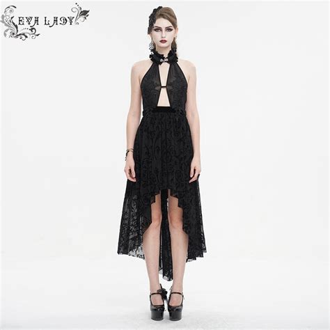 Womens Gothic Floral Embroidered Halterneck Mesh Dress Punk Design