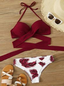 Shein Swim Vcay Leaf Print Bikini Set Tie Front Halter Bra High