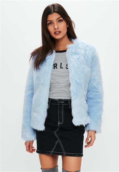 Light Blue Collarless Faux Fur Coat 82 Missguidedus