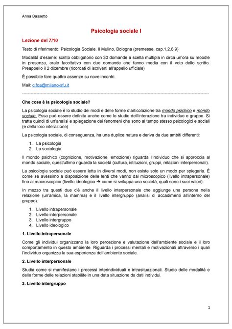 Appunti Psico Sociale I Psicologia Sociale I Lezione Del 7 Testo Di