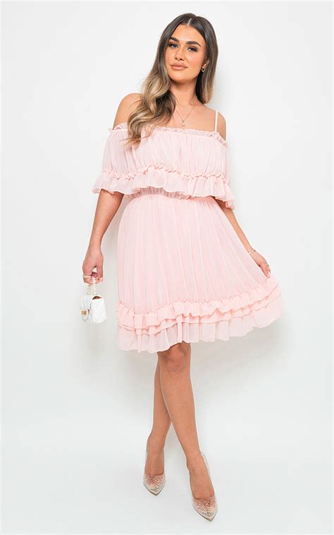 Phoebe Off Shoulder Strap Ruffle Mini Dress In Pink Ikrush