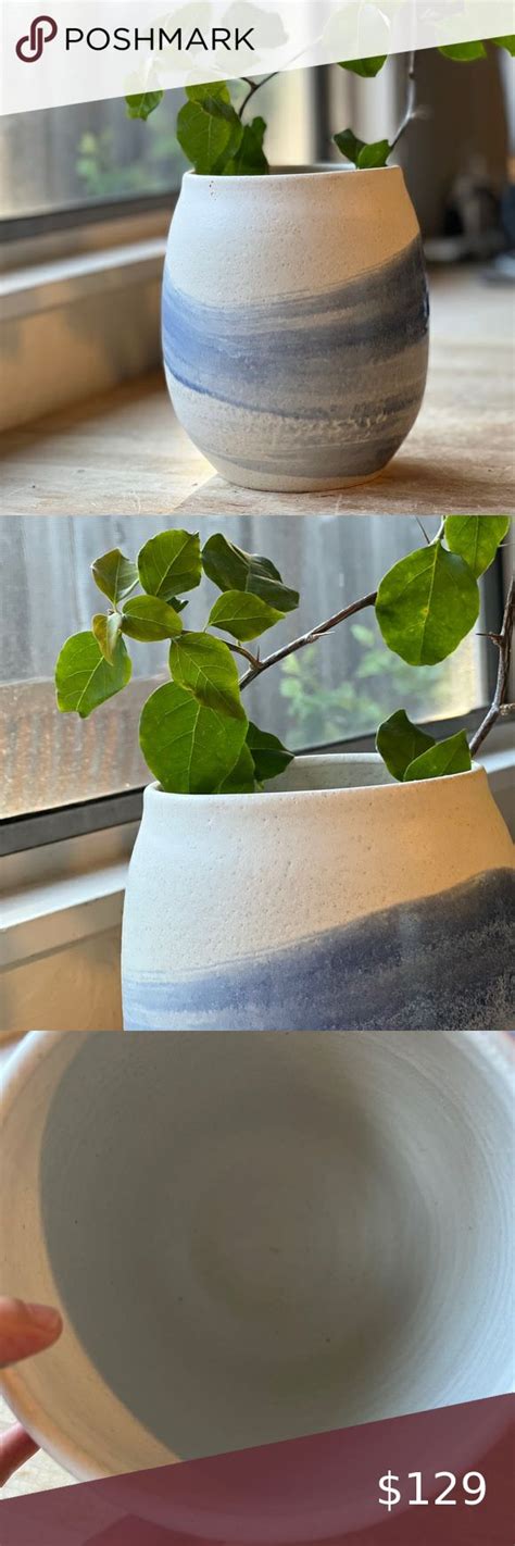 75” Handmade White Stoneware Vase With Brushes Of Blue Stoneware