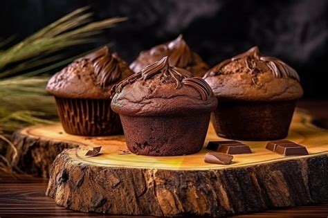 Una Pila De Muffins De Chocolate Sobre Una Losa De Madera Con Trocitos