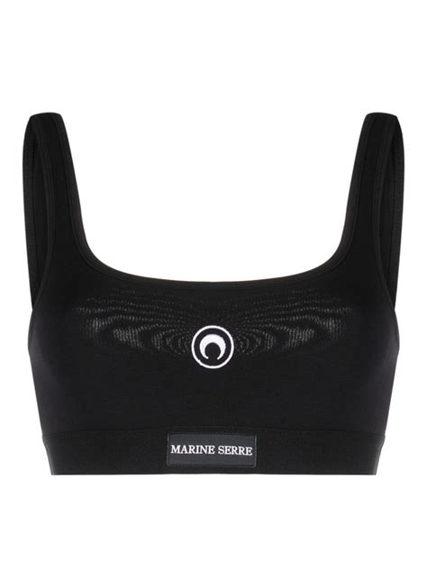 Marine Serre Logo Patch Scoop Neck Cotton Bra Black Farfetch