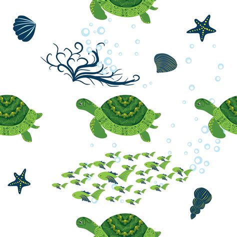 Turtle green seamless pattern, beautiful character among seashells ...