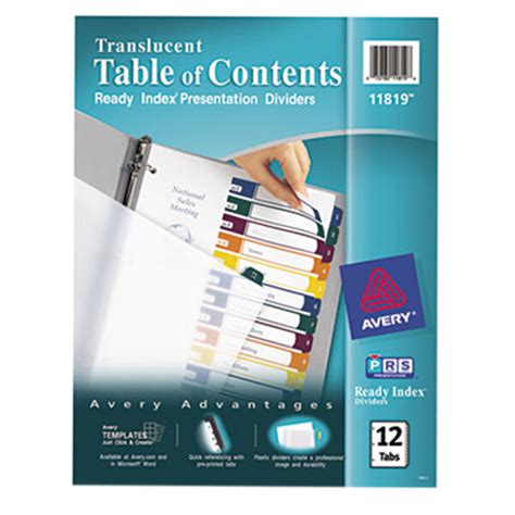 Avery 11819 Ready Index 12 Tab Multi Color Customizable Table Of