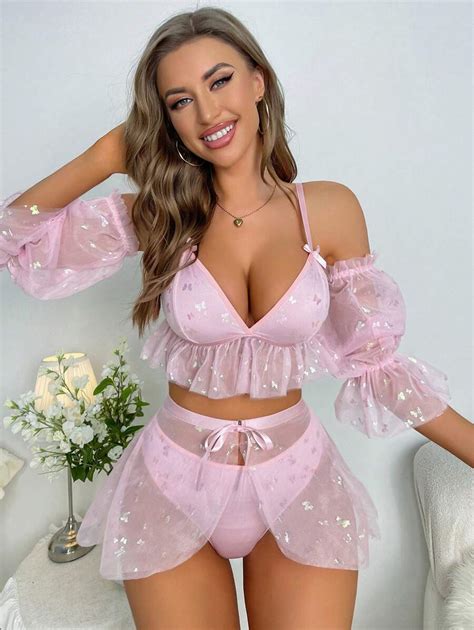 Pure Desire Bow Front Mesh Lingerie Set SHEIN USA