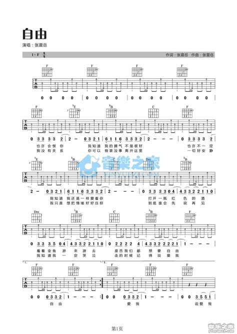 张震岳《自由》吉他谱 F调吉他弹唱谱 打谱啦