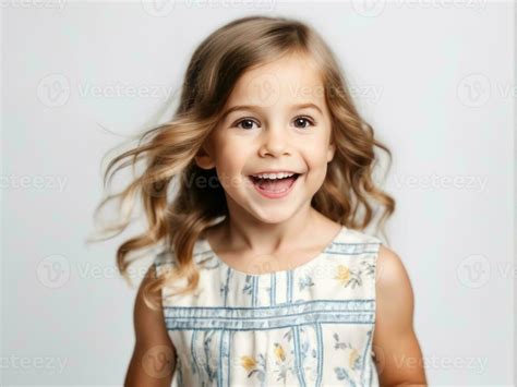 Portrait of young excited shocked crazy smiling girl child kid on white ...