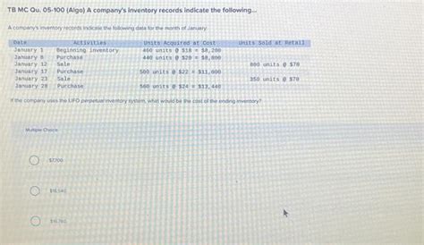 Solved TB MC Qu 05 100 Algo A Company S Inventory Records Chegg