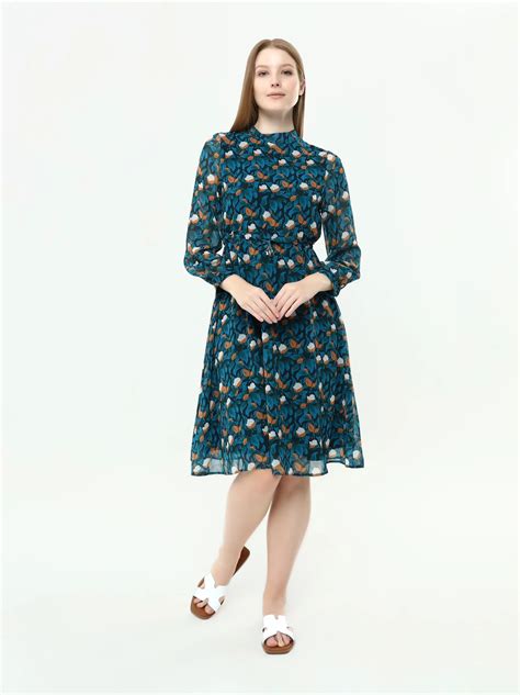 Blue Chiffon Dress with Sleeves | Floral Chiffon Midi Dress – Modora UK