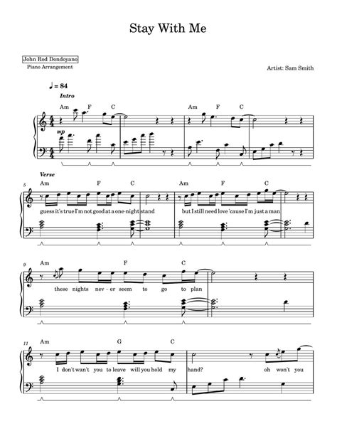 Sam Smith Stay With Me Piano Sheet Partition Musicale By John Rod