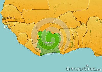 Ivory Coast Map Showing Country Highlighted In Green Color With Rest Of