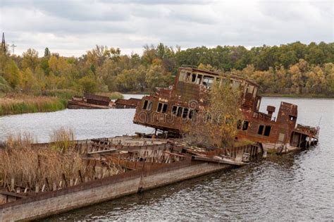 Abandoned and Sunken Ship at the Chernobyl Port in Chernobyl Stock ...