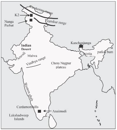 On an outlined map of India show the following. (i) Mountain and hill ...