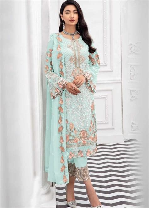 Exclusive Heavy Faux Georgette With Embroidered Pakistani Suit Sky