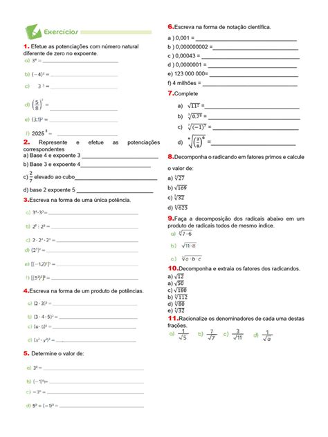 Exercícios Exponenciação - Potenciação e Radiciação: Exercícios Práticos | PDF | Exponenciação ...