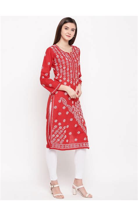 Hand Embroidered Red Cotton Lucknow Chikankari Kurti